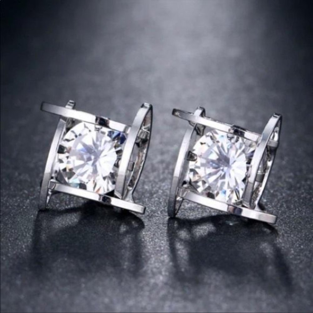 NEW STERLING SILVER 3D CAGE DIAMOND STUD EARRINGS - Picture 4 of 6